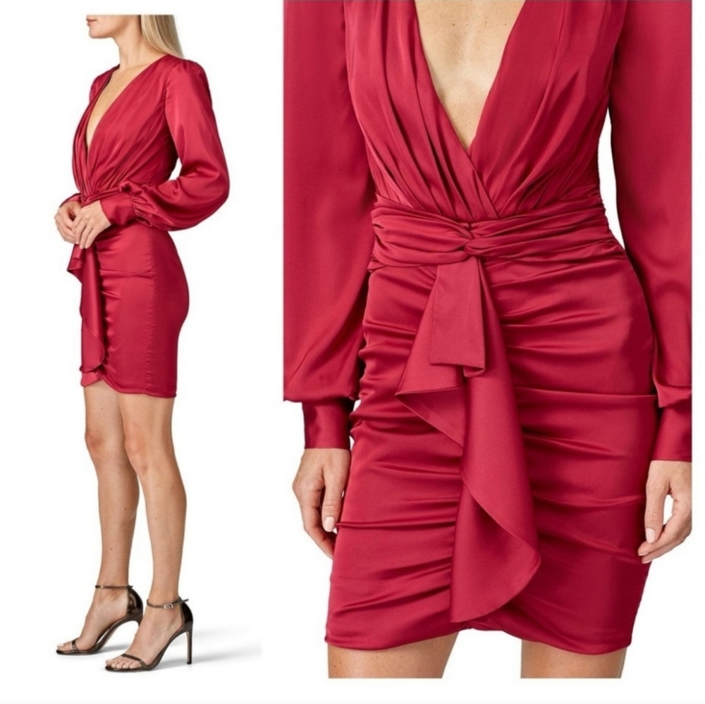 Patbo Burgundy Cascade Ruffle Mini V-neck Satin dress Sz Bz 40 US 8